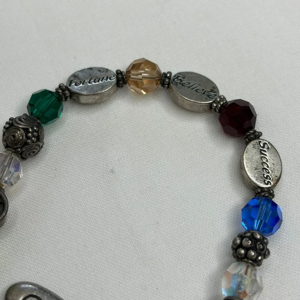 Vintage Sterling Silver Charm Bracelet Multicolor Beads Heart Toggle Boho